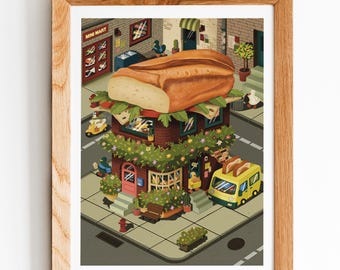 Baguette Breakfast Sandwich Art Print: Kitchen Wall Decor