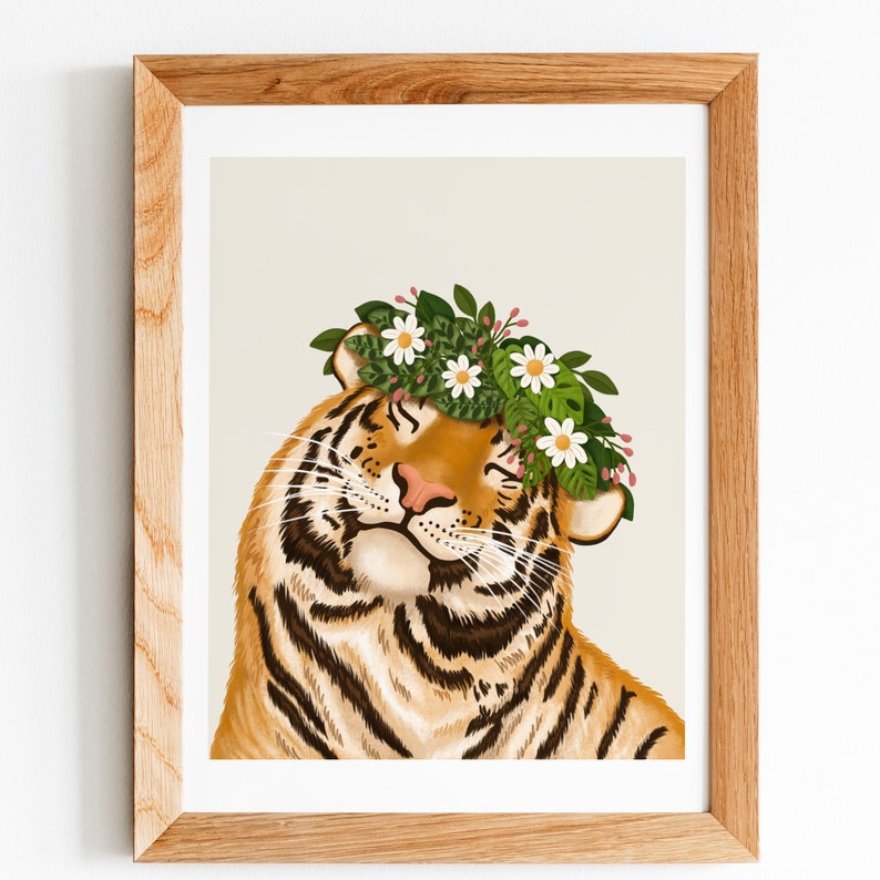big cat, tiger, smiley tiger art print for gallery wall art posters Tiger and Flowers Art Print, Home Decor, Wall Decoration For Kitchen, Bedroom, Living Room, Office, House Warming Gift, Animal Illustration