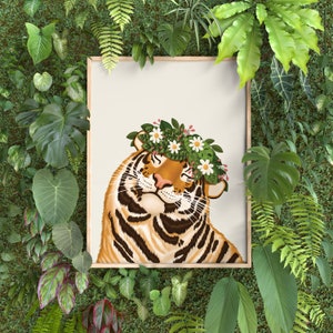 big cat, tiger, smiley tiger art print for gallery wall art postersTiger and Flowers Art Print, Home Decor, Wall Decoration For Kitchen, Bedroom, Living Room, Office, House Warming Gift, Animal Illustration
