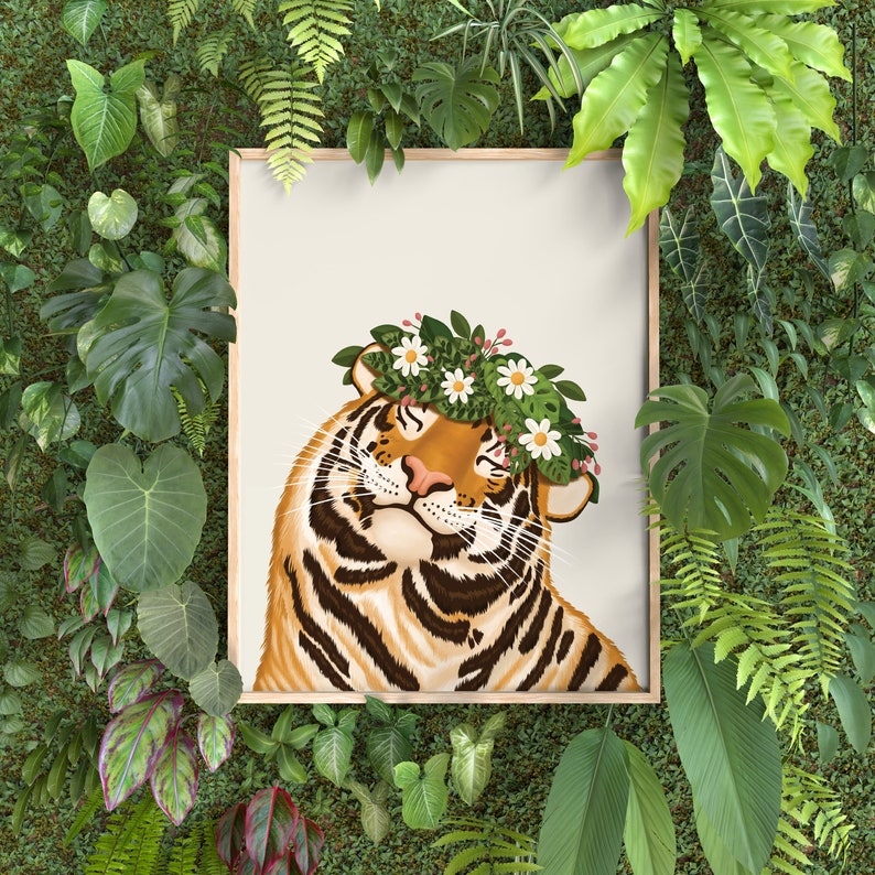 big cat, tiger, smiley tiger art print for gallery wall art postersTiger and Flowers Art Print, Home Decor, Wall Decoration For Kitchen, Bedroom, Living Room, Office, House Warming Gift, Animal Illustration