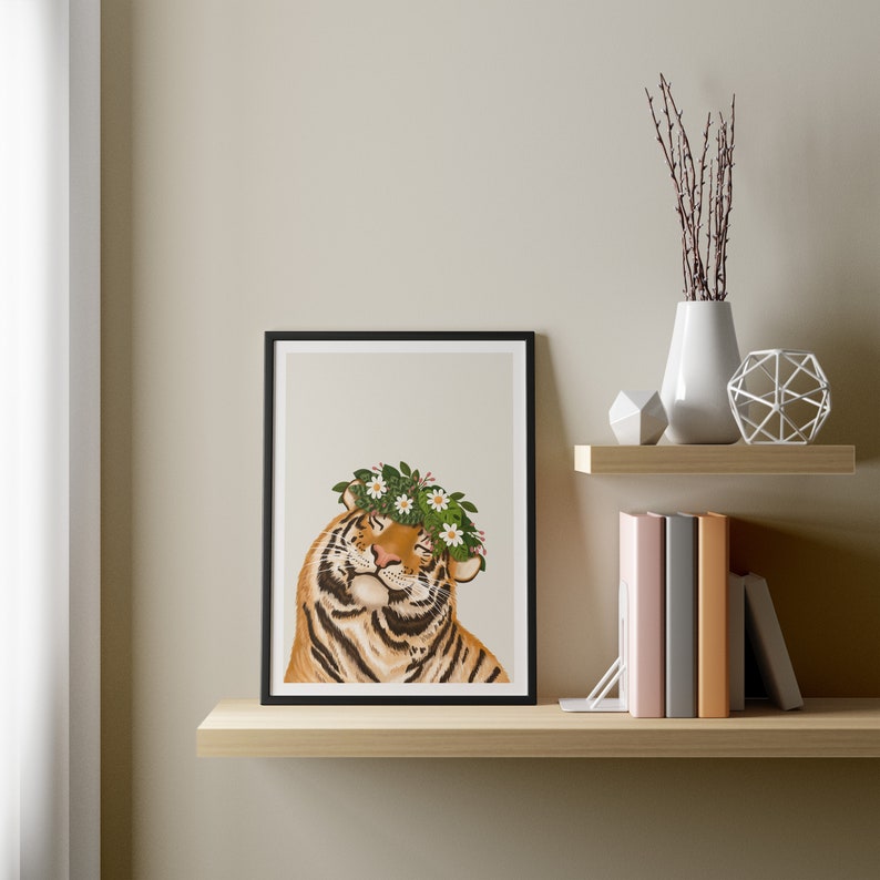 big cat, tiger, smiley tiger art print for gallery wall art posters Tiger and Flowers Art Print, Home Decor, Wall Decoration For Kitchen, Bedroom, Living Room, Office, House Warming Gift, Animal Illustration