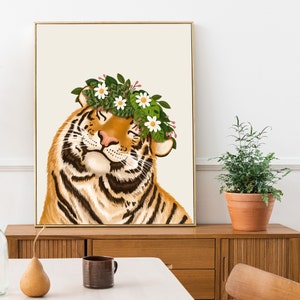 big cat, tiger, smiley tiger art print for gallery wall art posters Tiger and Flowers Art Print, Home Decor, Wall Decoration For Kitchen, Bedroom, Living Room, Office, House Warming Gift, Animal Illustration