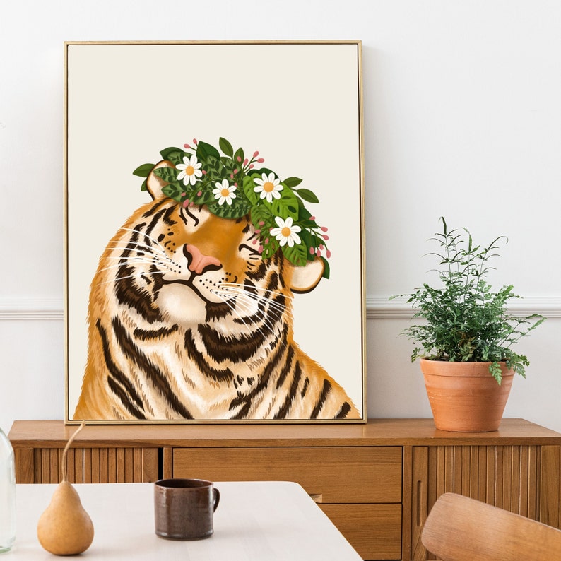 big cat, tiger, smiley tiger art print for gallery wall art posters Tiger and Flowers Art Print, Home Decor, Wall Decoration For Kitchen, Bedroom, Living Room, Office, House Warming Gift, Animal Illustration