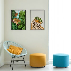 big cat, tiger, smiley tiger art print for gallery wall art posters Tiger and Flowers Art Print, Home Decor, Wall Decoration For Kitchen, Bedroom, Living Room, Office, House Warming Gift, Animal Illustration