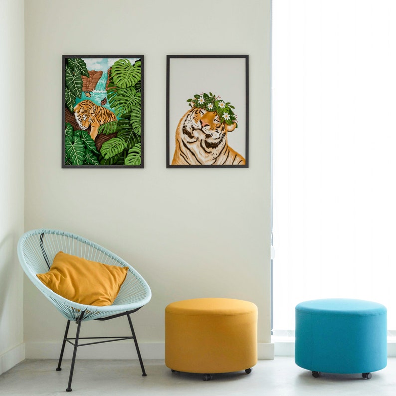 big cat, tiger, smiley tiger art print for gallery wall art posters Tiger and Flowers Art Print, Home Decor, Wall Decoration For Kitchen, Bedroom, Living Room, Office, House Warming Gift, Animal Illustration
