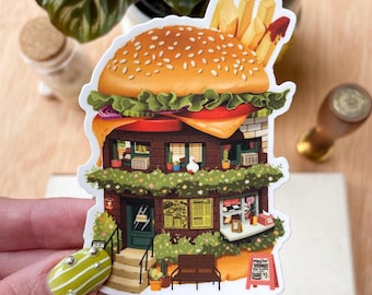 Burger Restaurant Sticker: Weatherproof Vinyl Decal for Laptop, Water Bottle