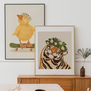 big cat, tiger, smiley tiger art print for gallery wall art postersTiger and Flowers Art Print, Home Decor, Wall Decoration For Kitchen, Bedroom, Living Room, Office, House Warming Gift, Animal Illustration