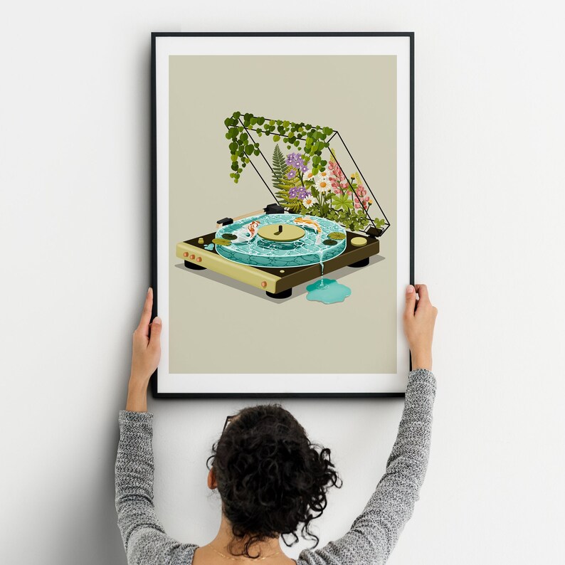 Record Player Art Print| Art Print  | Vinyl Record Player with Koi Fish Art Wall Hanging | Turn Table Art Print, Home Decor, Wall Decoration