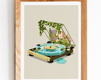 Koi Fish Record Player Art Print: Whimsical Home Decor