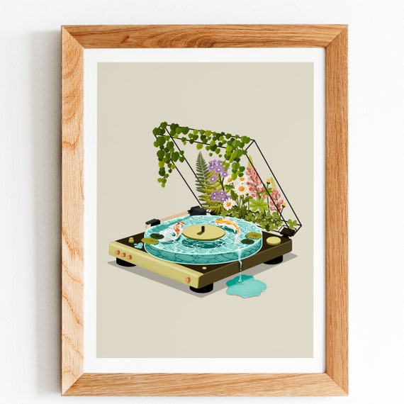 Koi Fish Record Player Art Print: Whimsical Home Decor
