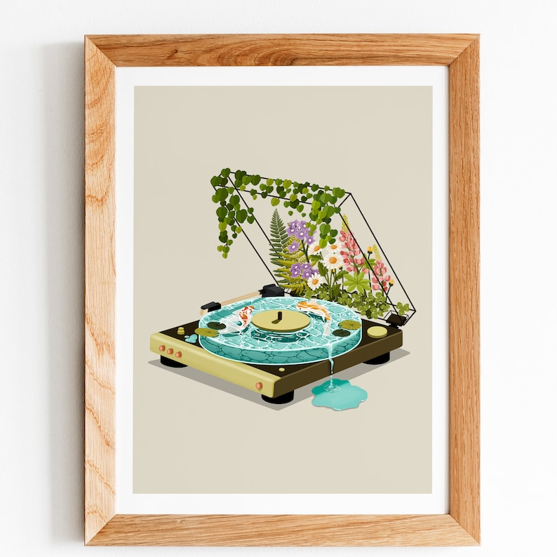 Record Player Art Print| Art Print  | Vinyl Record Player with Koi Fish Art Wall Hanging | Turn Table Art Print, Home Decor, Wall Decoration