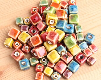 3 count 16mm high quality blue green brown porcelain ceramic beads square shaped beads glazed ceramic destash lot clay