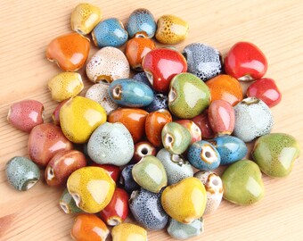 Ceramic beads, Heart ceramic beads, Pottery beads, Porcelain beads, Ceramic bead with brown spots, Big and small  heart ceramic beads, 10pcs
