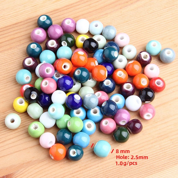 8mm handmade ceramic beads, Glazed multi-color ceramic beads, 2.5mm hole ceramic beads, Porcelain beads for jewelry ,55pcs/per strand