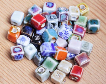 42pcs/per strand,Glazed Ceramic beads,Blue flower ceramic beads,Red ceramic beads,Porcelain beads,Square ceramic beads,8mm,hole2.5/3mm,Mix