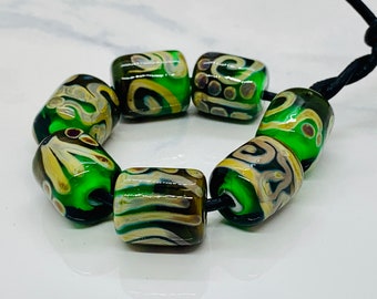 Set of 7 Barrel Beads Artisan Lampwork Handmade Lampwork Beads Glass Beads Cylindrical Beads Hawaiian Escape Barrel Beads