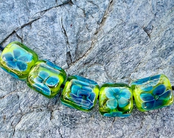 Set of 7 Barrel Beads Artisan Lampwork Handmade Lampwork Beads Glass Beads Cylindrical Beads Hawaiian Escape Barrel Beads