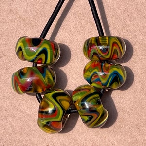 Court Jester II Chunky Wigwag Beads | Set of 6 | Artisan Lampwork Beads | Borosilicate Beads | Rondelle Beads | Boro Beads | Glass Beads