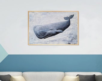 Hand Painted Fish Canvas Wall Art Framed Textured Modern Sperm Whale Paintings Lovely Coastal Animal Pictures Contemporary Nautical Artwork