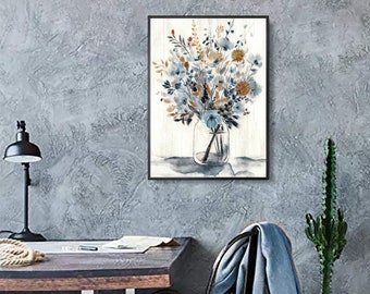 100% Hand Painted Framed Abstract Flower Bouquet Wall Art: Gray Blue Floral in Jar Painting Blossom Decor
