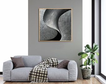 Hand-Painted Black White and Grey Painting with Small Stones  Modern Artwork Metal Framed Living Bedroom Bathroom Decor