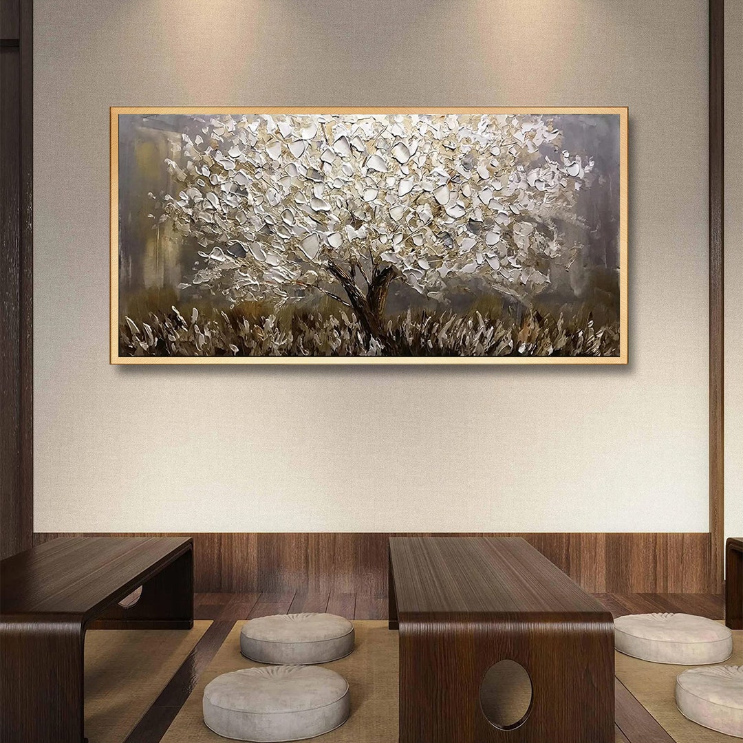 Hand Painted Silver Gray Wall Art Artwork 3D Abstract Money Tree Oil