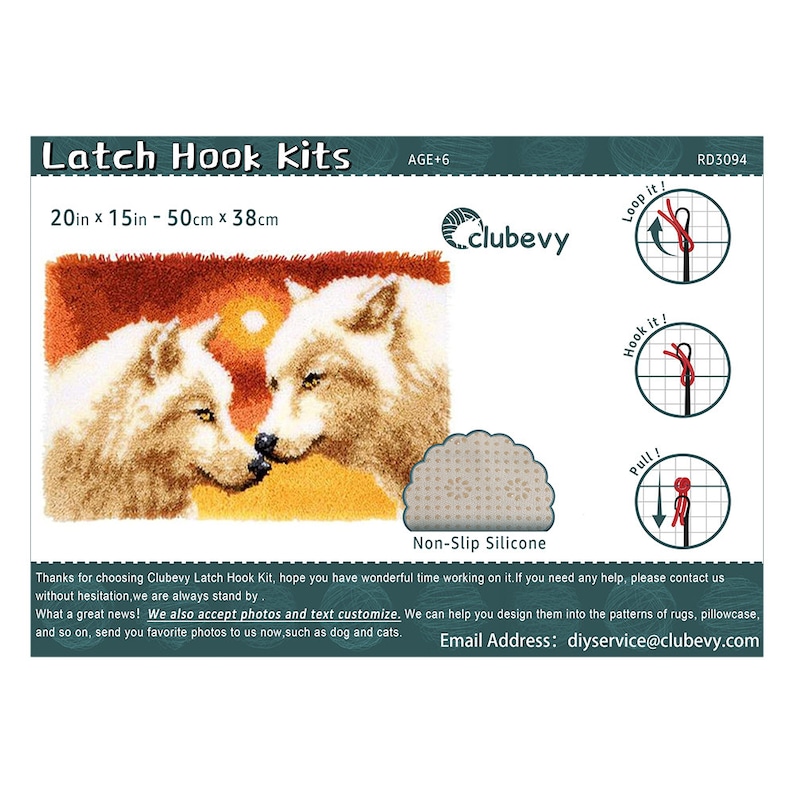 May include: Latch hook kit featuring two white wolves with a sunset background. The kit includes a non-slip silicone backing and measures 20 inches by 15 inches or 50 centimeters by 38 centimeters. The instructions show how to loop, hook, and pull the yarn.