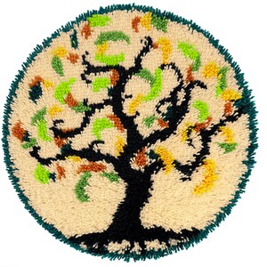 May include: A round rug with a black tree silhouette in the center. The tree has green, yellow, and orange leaves. The rug is surrounded by a teal border.