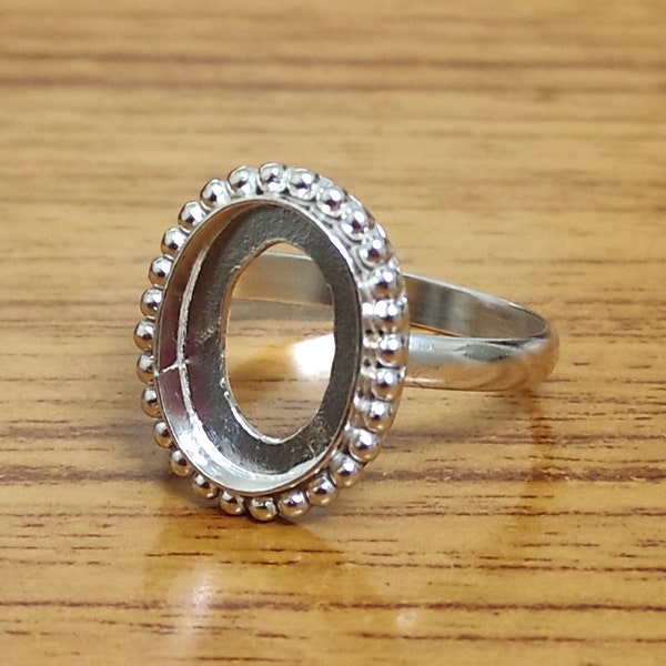 925 Sterling Silver Collet Oval Ring, Beaded Bezel Cup Open Blank Ring, Setting For Making Ring 6x4 MM To 30x35 MM, DIY Jewelry Supplies