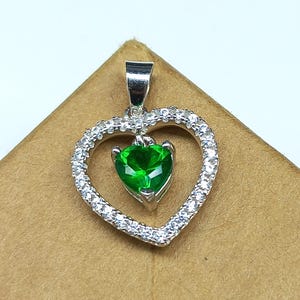 925 Sterling Silver Green Cubic Zirconia Pendant, 5MM Cubic Zirconia Heart Halo Pendant, CZ Pendant For Her, Cubic Zirconia Charm Pendant