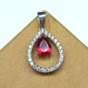 925 Sterling Silver Red Cubic Zirconia Pendant, 6X4 MM Eye Clean Red Cubic Zirconia Pendant For Gift, Awesome Birthday Gift For Her