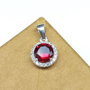 925 Sterling Silver Faceted Cubic Zirconia Pendant, 6MM Red Cubic Zirconia Charms in Silver, American Diamond Round Pendant, Charm Pendant