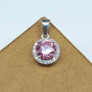 925 Sterling Silver Cubic Zirconia Pendant, 6MM Classic Pink Cubic Zirconia Round Pendant, One Of A Kind Jewelry, Gift For Wife