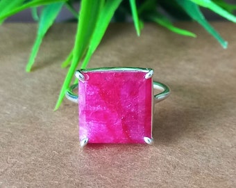 Natural Ruby Solitaire Ring, 925 Sterling Silver Square Gemstone Ring