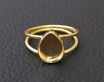 Gold Plated Double Wire Design Bezel Cup Close Blank Ring, 925 Sterling Silver Pear Ring, Setting For Making Ring 6x4 MM To 14x21 MM