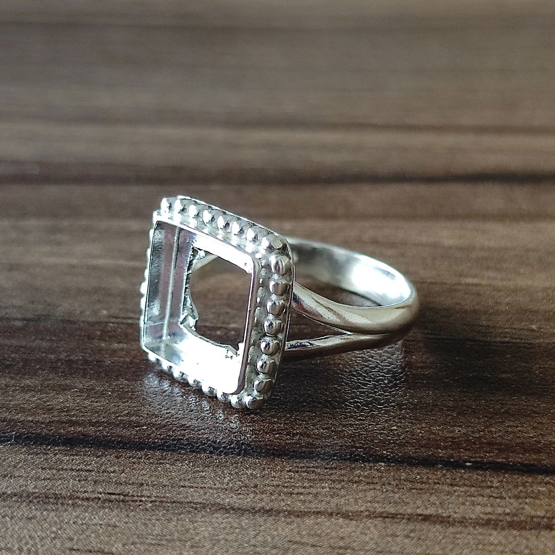 Single Collet Setting Beaded 925 Sterling Silver Square Collet Ring Setting: DIY Jewelry (5x5 ...