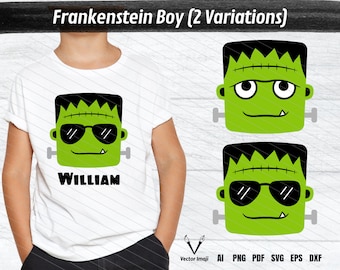 May include: A white t-shirt with a green Frankenstein monster wearing sunglasses and the name "William" printed on the front. The monster has black hair and a stitched scar on its forehead.