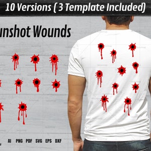 May include: A white t-shirt with 10 red and black gunshot wound graphics. The graphics are arranged in a grid pattern on the front of the shirt. The text "Gunshot Wounds" is printed at the top of the shirt.