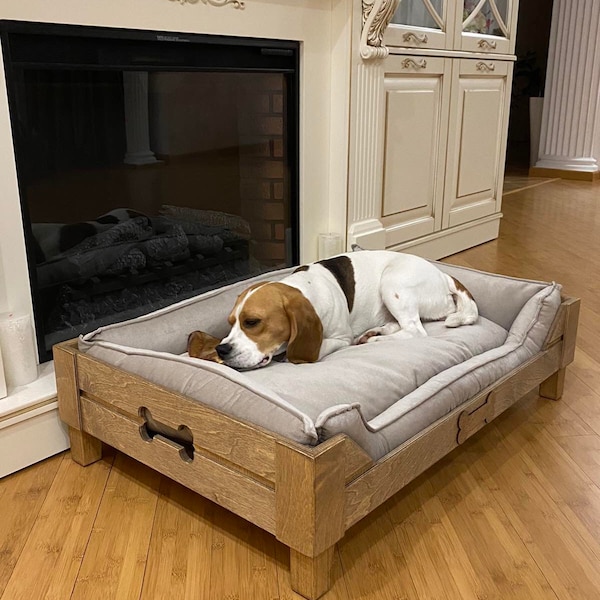 Raised Dog bed wooden frame Nature vanilla velvet Personalised wood frame dog bed Small dog bed Medium dog bed Large dog bed Extra dog bed