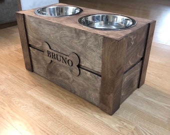 Dog Feeding Station Dog Feeder Modern Dog Bowl Set | Elevated Pet feeder | Glass Pet bowls | Raised Dog bowls | Wood Rustic Pet Feeder