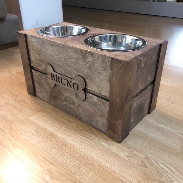 Dog Feeding Station Dog Feeder Modern Dog Bowl Set | Elevated Pet feeder | Glass Pet bowls | Raised Dog bowls | Wood Rustic Pet Feeder