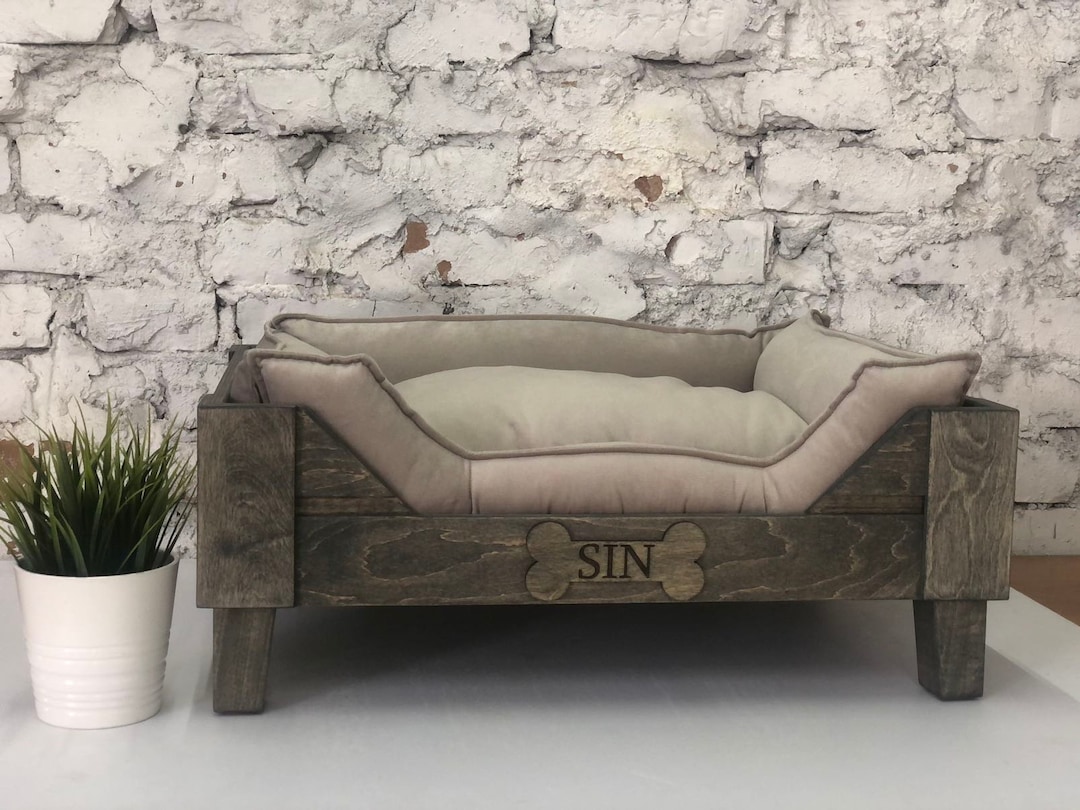 Raised Dog Bed Wooden Frame Nature Vanilla Velvet Personalised Wood
