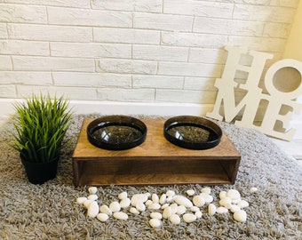 Dog Feeding Station Dog Feeder Modern Dog Bowl Set | Elevated Pet feeder | Glass Pet bowls | Raised Dog bowls | Wood Rustic Pet Feeder