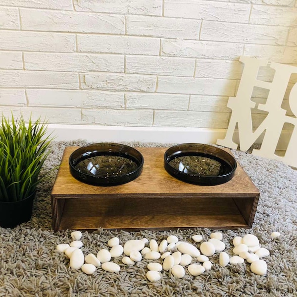 Dog Feeding Station Dog Feeder Modern Dog Bowl Set | Elevated Pet feeder | Glass Pet bowls | Raised Dog bowls | Wood Rustic Pet Feeder