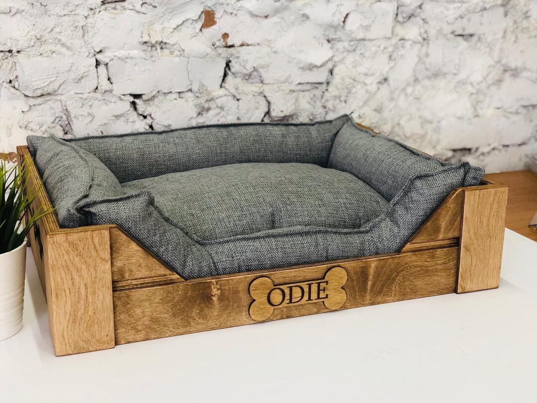 Image showcasing Custom WOODEN DOG BED Elevated Personalized Luxury Pet Wicker Basket ...