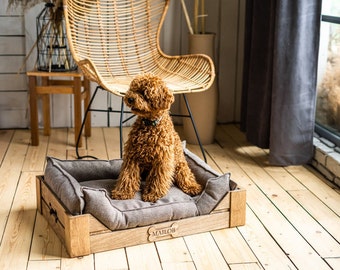 Anpassbares Hundebett aus Holz, Mitte des Jahrhunderts modern, Haustierbett Möbel, handgefertigter Orthopädischer Hundebettrahmen aus Holz