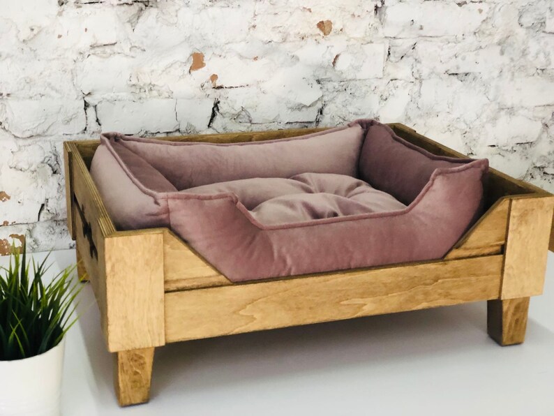 Raised Dog Bed Wooden Frame Nature Vanilla Velvet Personalised Etsy