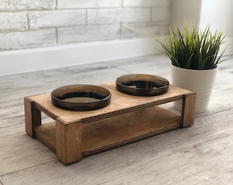 Dog Feeding Station Dog Feeder Modern Dog Bowl Set | Elevated Pet feeder | Glass Pet bowls | Raised Dog bowls | Wood Rustic Pet Feeder