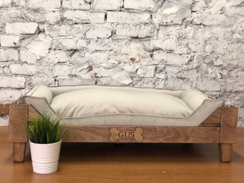 Raised Dog Bed Wooden Frame Nature Vanilla Velvet Personalised Etsy