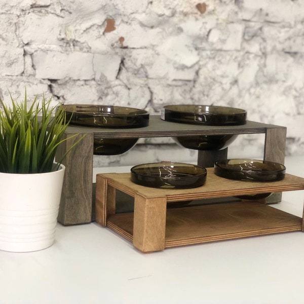 Dog Feeding Station Dog Feeder Modern Dog Bowl Set | Elevated Pet feeder | Glass Pet bowls | Raised Dog bowls | Wood Rustic Pet Feeder